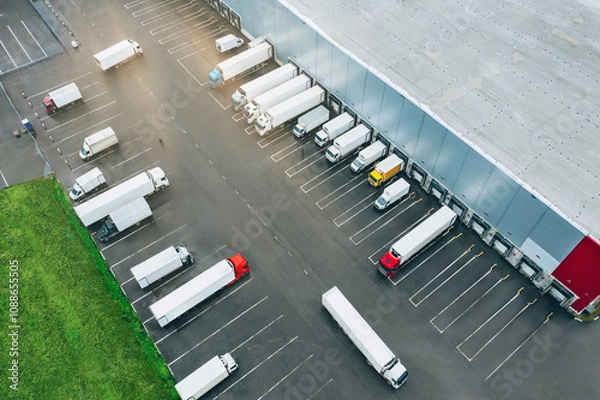 Fototapeta Aerial view of many trucks at the loading docks of a large distribution warehouse.