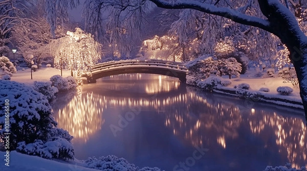 Fototapeta 幻想的な雪降る夜の古都・雪化粧した伝統的な町並みと温かな灯りの風景｜歴史ある町家と石畳の路地が織りなす日本の美｜冬の観光スポット・旅行写真におすすめの絶景スポット【絶景夜景・雪景色】