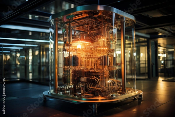 Fototapeta A cutting-edge quantum computer in transparent enclosure, showcasing intricate wiring and glowing components. High-tech setup is situated in modern lab with advanced technology and ambient lighting