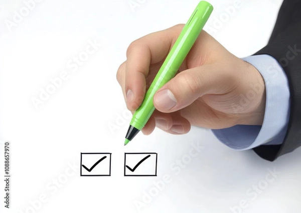 Fototapeta hand holding green marker checks off items in boxes, symbolizing completion and organization