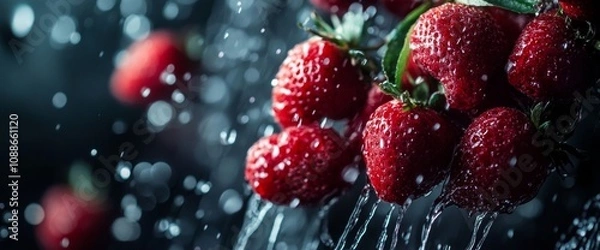 Fototapeta Juicy strawberries are being rinsed with clear water, creating a refreshing display as droplets cascade from their surfaces. The dark background highlights their rich red color