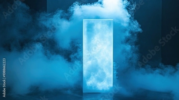 Fototapeta Ethereal Blue Mist Surrounding a Futuristic Transparent Doorway with a Glowing Center, Emphasizing Mystique and Dreamlike Atmosphere in an Abstract Setting