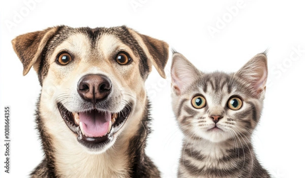Fototapeta happy dog and curious cat pose together, showcasing their friendship. Their expressions convey joy and curiosity, making this heartwarming image