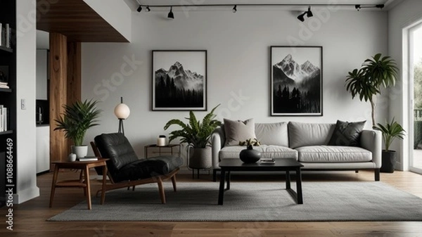 Fototapeta Here's a description and keywords for the image.. Modern minimalist living room with gray sofa, wood accents, and mountain art.