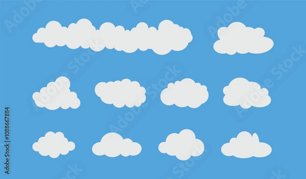 Fototapeta Flat cloud. Simple cloudy shapes. Cartoon white puffy, fluffy and cumulus clouds in blue sky. Abstract comic weather elements. Objects cloudscape for game. Vector collection.