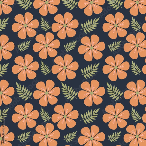 Fototapeta Seamless floral pattern with brown flowers and green leaves on dark blue background. Flower pattern for fabrics, wallpapers, textile and decoration. Floral vector pattern.