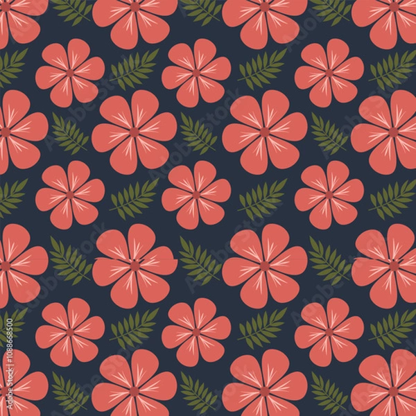 Fototapeta Seamless floral pattern with light red flowers and green leaves on dark blue background. Flower pattern for fabrics, wallpapers, textile and decoration. Floral vector pattern.