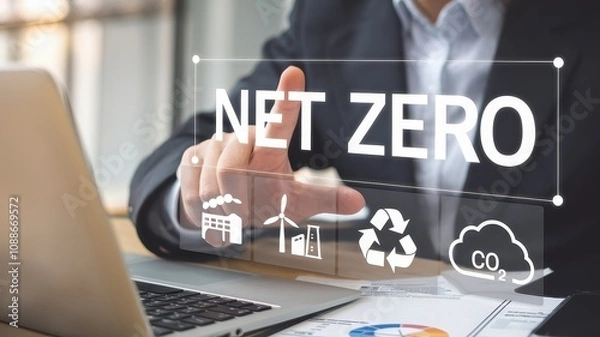 Fototapeta Net Zero Concept Showcased Through Renewable Energy Symbols and Environmental Icons