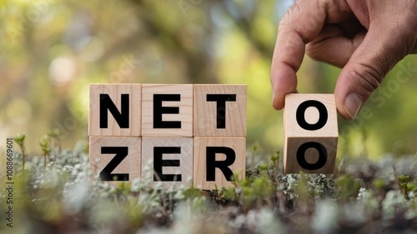 Fototapeta Net Zero Wooden Blocks Expressing Environmental Sustainability and Conservation Concepts