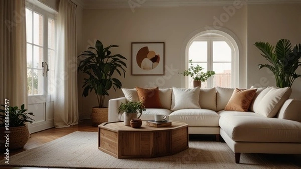 Fototapeta Here's a description and keywords suitable for a stock photo site.. Serene living room with beige sectional sofa, wooden coffee table, and potted plants.