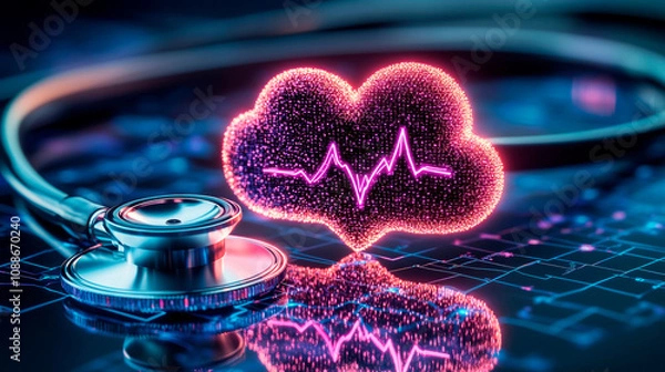 Obraz Innovative healthcare technology integrates stethoscope with digital cloud and heartbeat graph to enhance patient monitoring