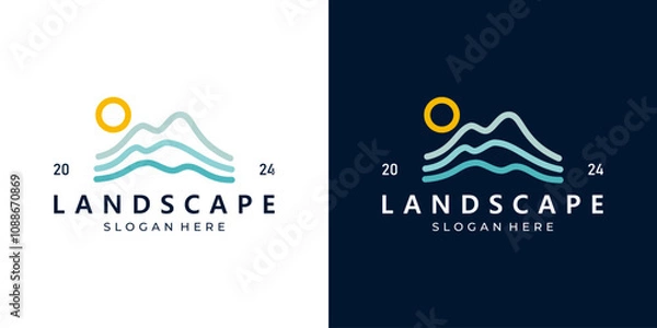Fototapeta Landscape logo design. mountain landscape view with sunrise in line art logo design style. vector icon symbol.