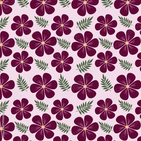 Fototapeta Seamless floral pattern with purple flowers and green leaves on white background. Flower pattern for fabrics, wallpapers, textile and decoration. Floral vector pattern.