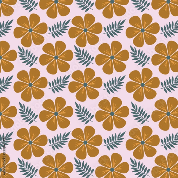 Fototapeta Seamless floral pattern with dark yellow flowers and light blue leaves. Flower pattern for fabrics, wallpapers, textile and decoration. Floral vector pattern.