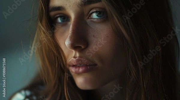 Obraz A close-up portrait of a woman with long dark hair looking directly at the camera.