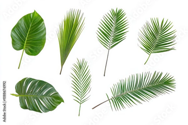 Obraz collection of various green leaves including palm and monstera leaves, showcasing different shapes and textures, perfect for nature themed designs