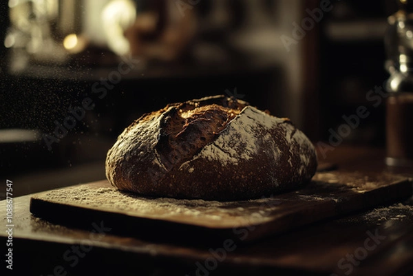 Obraz crusty sourdough loaf with a dusting of flour on a wooden board, warm backlighting
