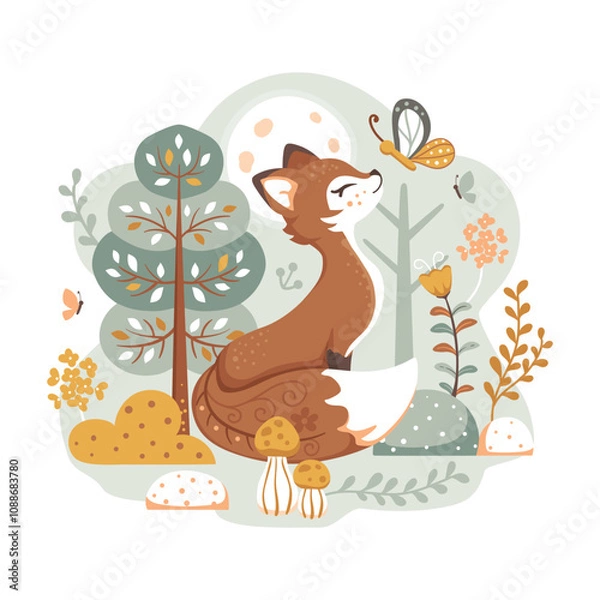 Obraz Cute vector illustration of a fox in a forest with butterflies, mushrooms and flowers lit by the moon. Autumn green, gold yellow and blue.