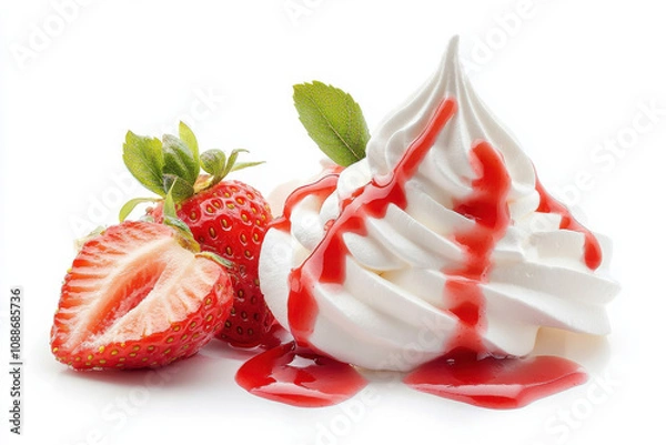 Fototapeta Delicious whipped cream topped with fresh strawberries and strawberry sauce, creating delightful dessert experience