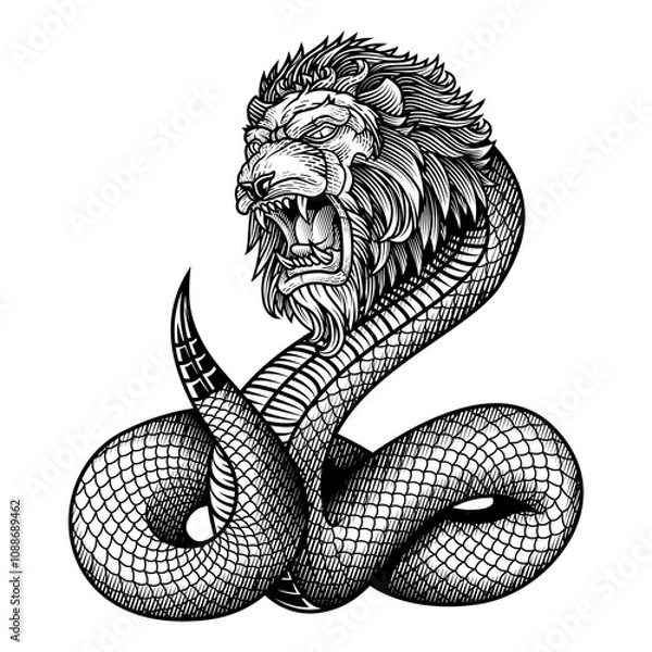 Fototapeta Gnostic symbol of Demiurge Yaldabaoth or Chnoubis. Vector illustration in engraving technique of lion headed serpent snake. 