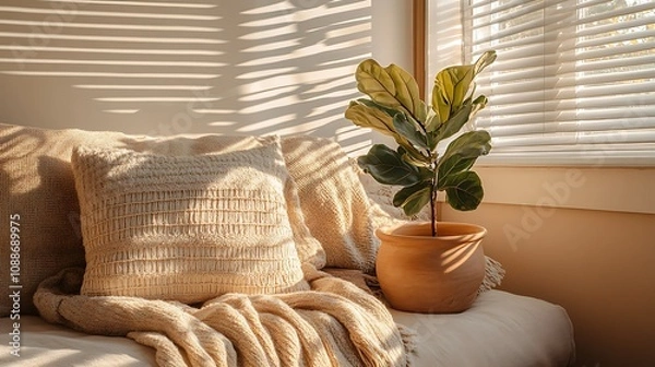 Obraz Sunlit bedroom with fiddle leaf fig plant, textured pillows, and cozy blanket.