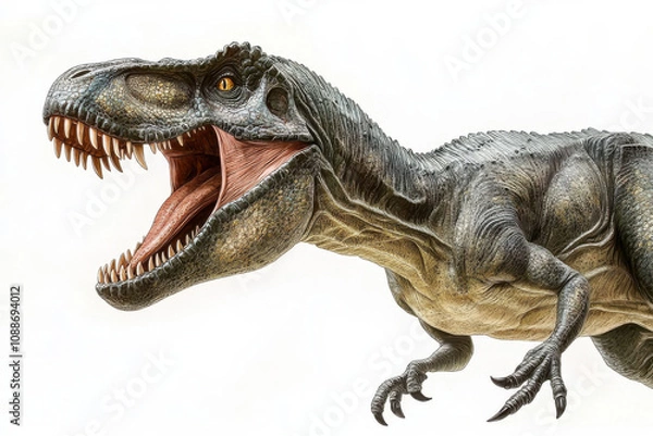 Fototapeta detailed illustration of roaring Tyrannosaurus rex dinosaur, showcasing its powerful jaws and textured skin. This prehistoric creature evokes sense of awe and fascination