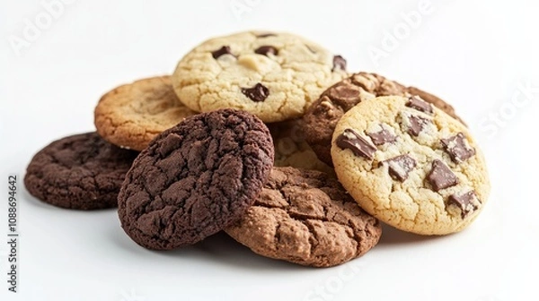 Fototapeta A variety of fresh cookies on a white background, showcasing different shapes and textures. Ideal for dessert-themed designs