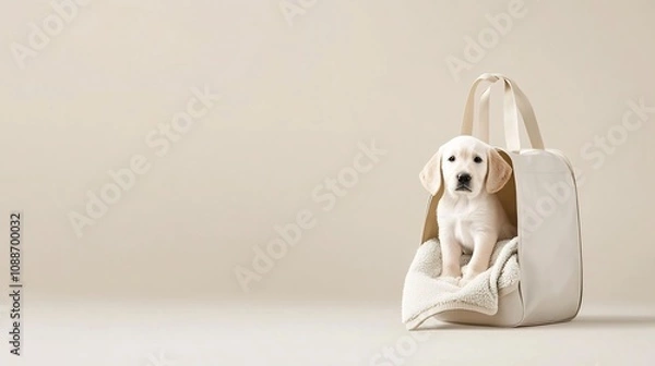 Fototapeta Cozy Pet Carrier Bag with Soft Blanket on Plain Background