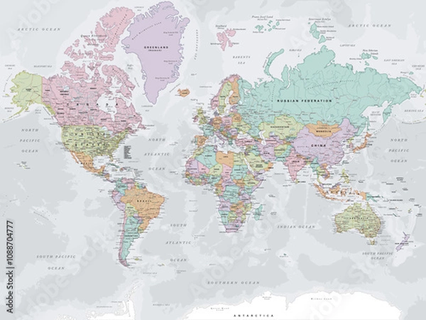 Fototapeta Political map of the World in Mercator projection. Highly detailed, editable with clearly labeled, separated layers. Vector illustration.