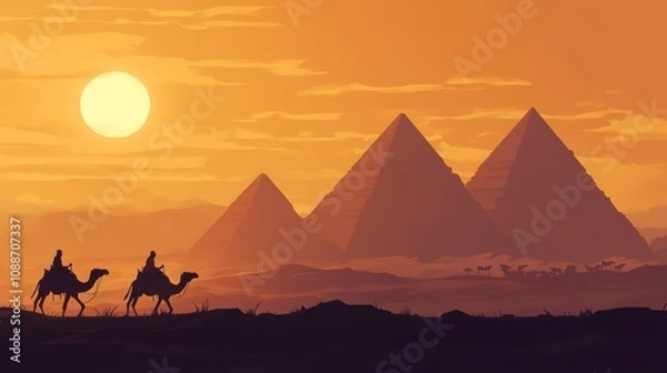Obraz Silhouettes of two camel riders traveling through the desert at sunset with the pyramids in the background.