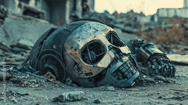 Fototapeta A close-up of a robot lying in ruins, symbolizing the downfall of technology in an apocalypse