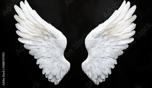 Fototapeta pair of elegant white angel wings against dark background, symbolizing freedom and spirituality. intricate details of feathers create stunning visual impact