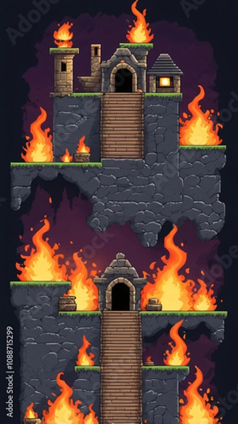 Fototapeta Pixel game level design. Platform game asset, fantasy 8 bit environment. Fire in stove