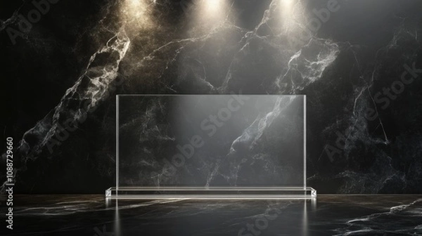 Fototapeta Elegant Display Stand on Dark Marble Background with Dramatic Lighting for Showcase of Products, Awards, or Art Pieces in Modern Interiors