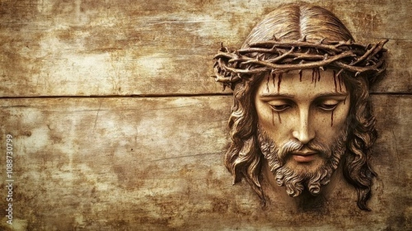 Fototapeta Jesus A wooden surface with a statue of Jesus Christ on it