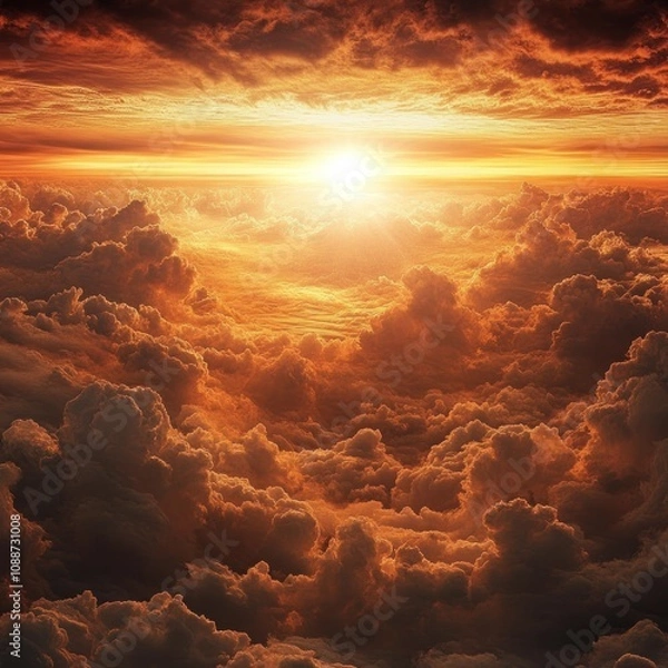 Fototapeta A breathtaking view of a fiery sunset seen from above the clouds. The sun is shining brightly, casting a golden glow on the clouds below.