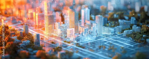 Fototapeta vibrant urban landscape showcasing futuristic buildings and advanced technology, highlighting integration of nature and city life. scene captures essence of modern urban development