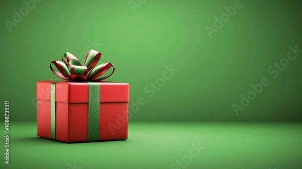 Fototapeta A red box with a green ribbon on top of a green background