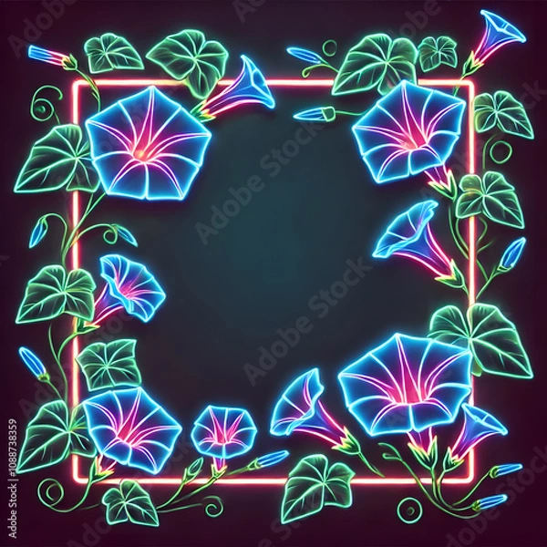 Fototapeta Neon Morning Glories Framing a Glowing Square