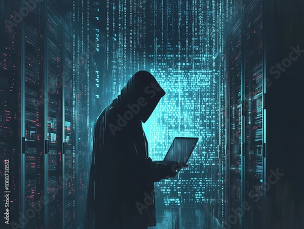 Fototapeta Man in hoodie inside a server room with a laptop with digital codes reflected in a dark background 