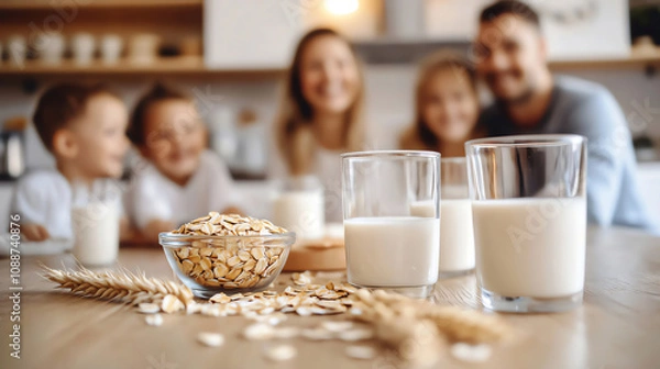 Fototapeta A joyful family enjoys breakfast together with oat milk and oats, emphasizing healthy living and good vitality with non dairy product