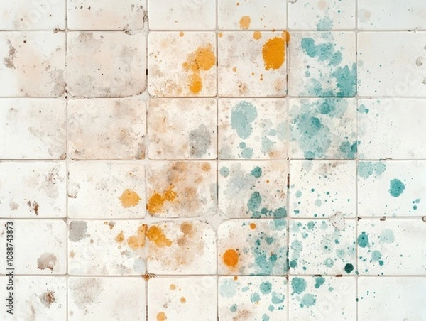 Fototapeta Abstract paint splatters in orange and teal on white tiles create a vibrant, artistic pattern. Perfect for creative background concepts.
