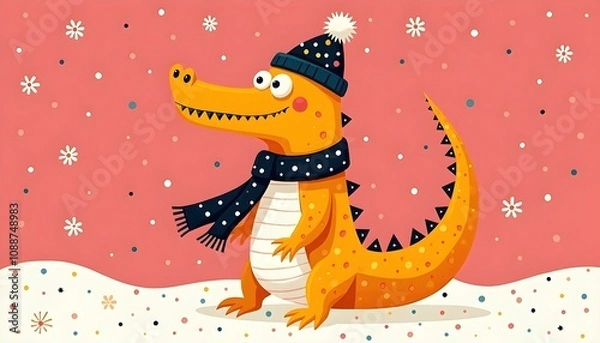 Fototapeta Happy Crocodile in Winter Hat and Scarf Art Print