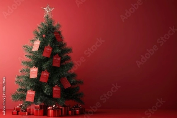 Obraz A Christmas tree with red gift tags and presents on a red background.