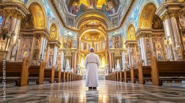 Fototapeta A man stands in a large church with many pews