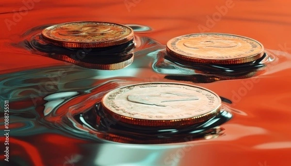 Obraz Gold coins floating on a red liquid, abstract finance concept.