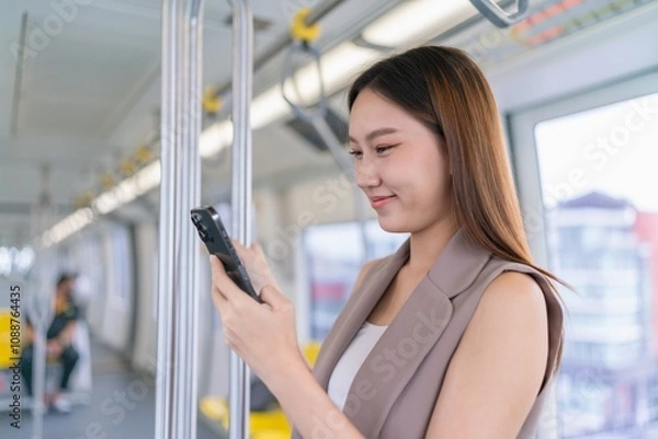 Fototapeta Young Asian Businesswoman Using Phone While Commuting In A Public Skytrain To Work 