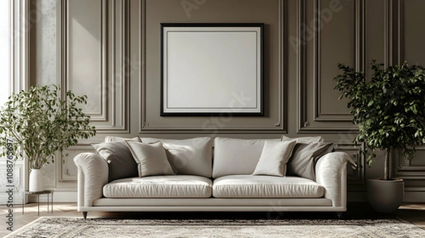 Fototapeta Elegant Beige Sofa in Classic Room with Mock-up Frame and Plants, Luxurious Interior Design, 3D Rendering