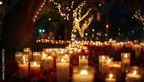 Fototapeta Many candles lit at night with red rose petals scattered around.