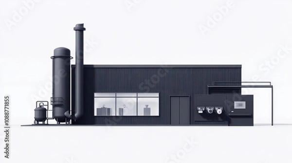 Fototapeta A modern industrial building with large windows and pipes, likely for manufacturing or processing.
